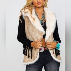 HONEY CREEK BY SCULLY WOMEN'S BEIGE SUEDE & FAUX FUR VEST